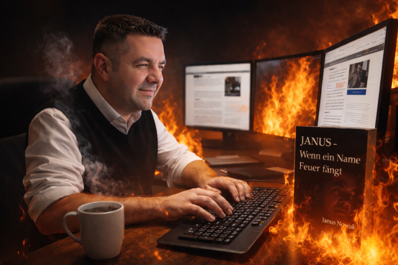 Janus Nowak schreibt am Schreibtisch für das Journal