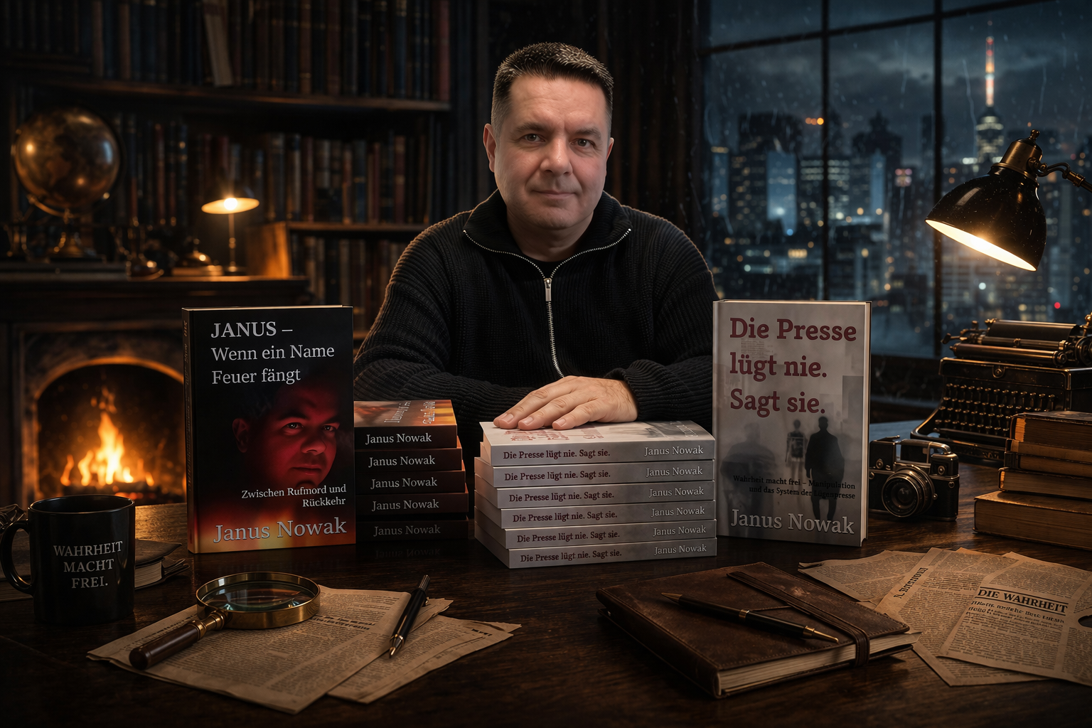Janus Nowak zwischen Schreibmaschine, fragmentierten Manuskriptseiten und dunkler Lichtstimmung als Symbol sprachlichen Widerstands.